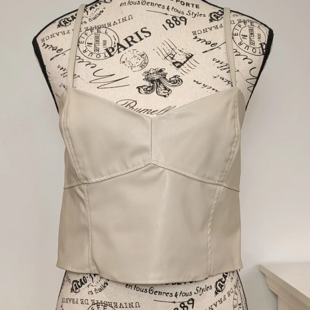 ZARA | Women's Cream Faux Leather Spaghetti Strap Crop Top - Picture 1 of 4